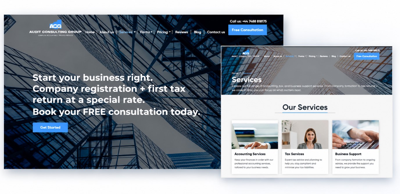 Audit Consulting Group website showing company service structure and an internal service page.