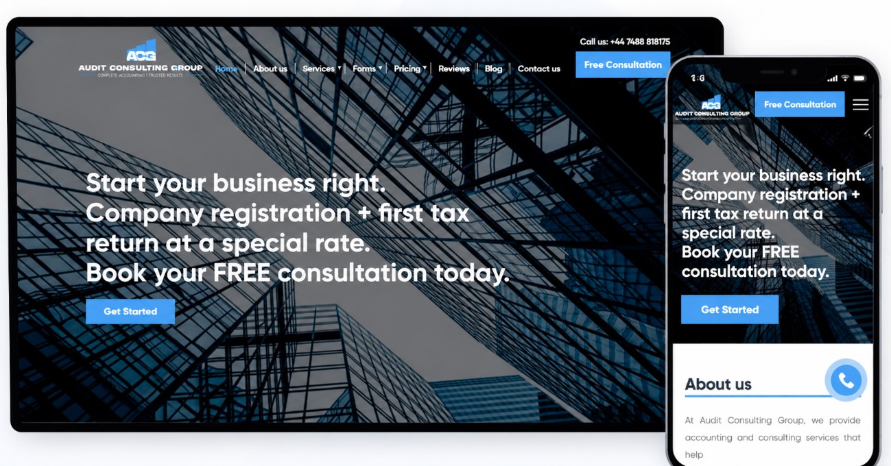 Company website designed by Prime Lion Digital shown across desktop and mobile screens.