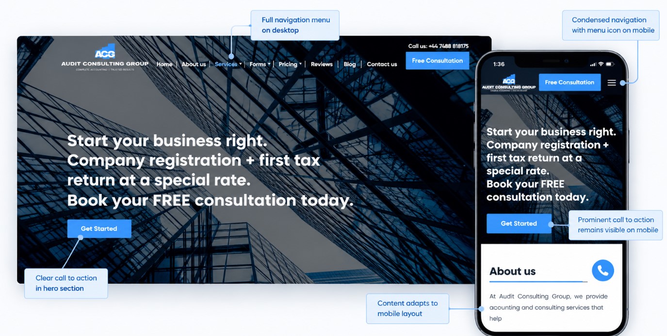 Desktop and mobile views of a company website showing responsive navigation, content hierarchy and calls to action.
