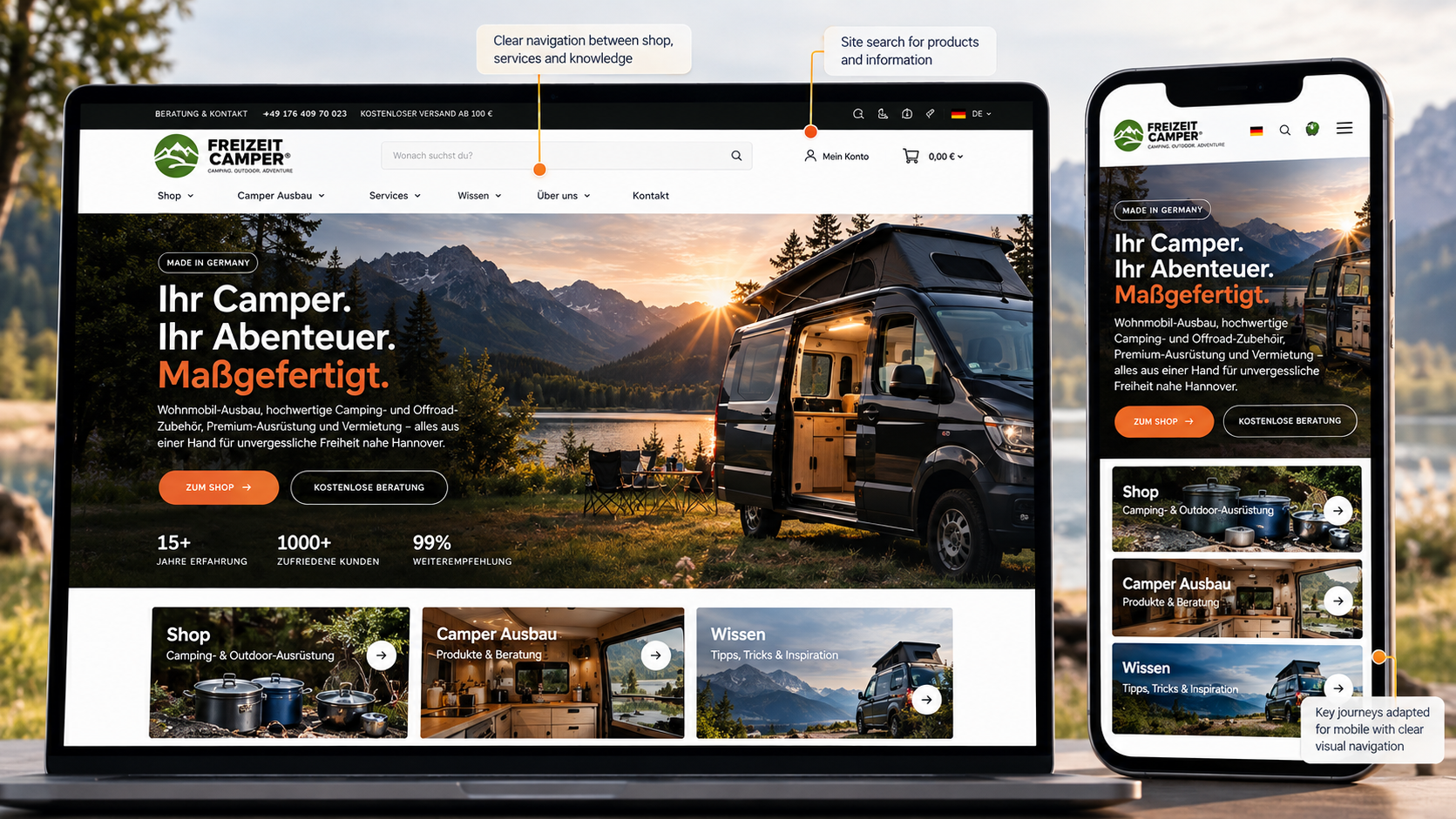 Freizeit Camper WooCommerce website shown on desktop and mobile