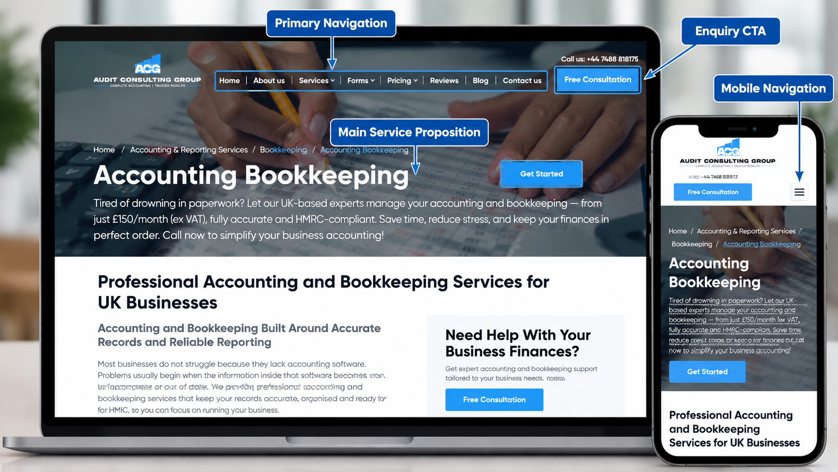 Professional services website with a structured menu of accounting and tax services.