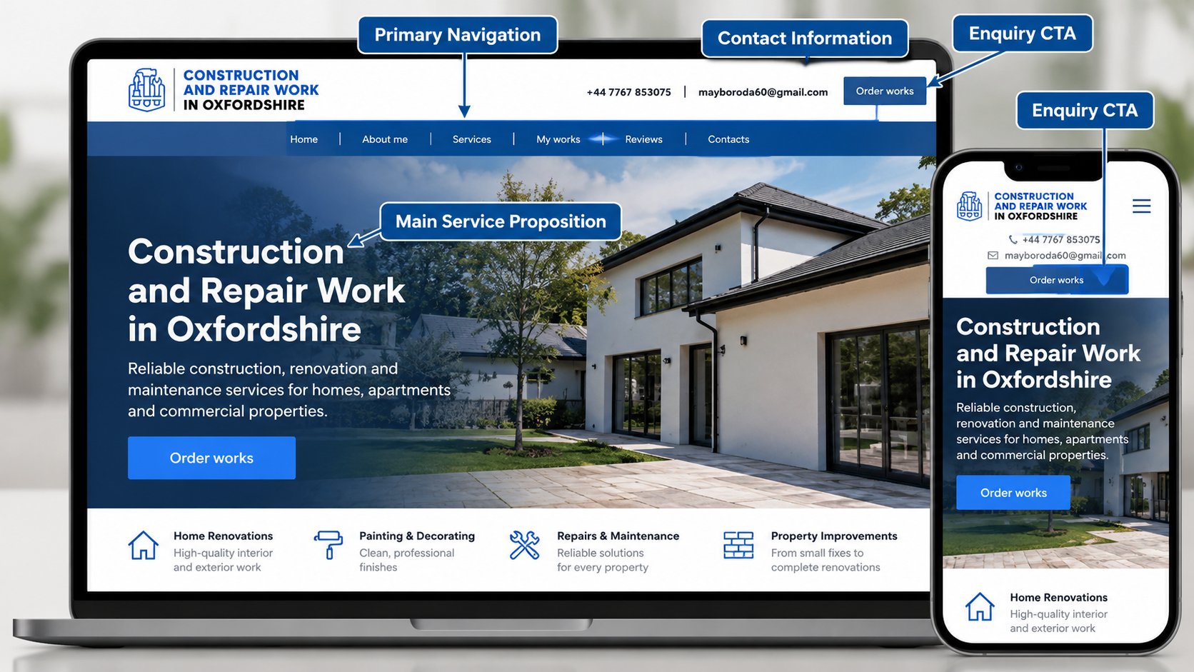 Construction and repair website showing its service navigation and contact options.
