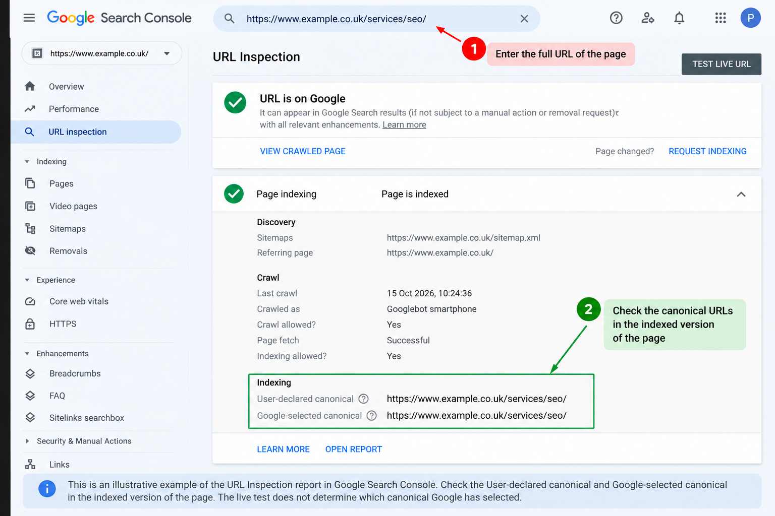 Google Search Console URL Inspection showing user-declared canonical and Google-selected canonical URLs in the Page indexing report.