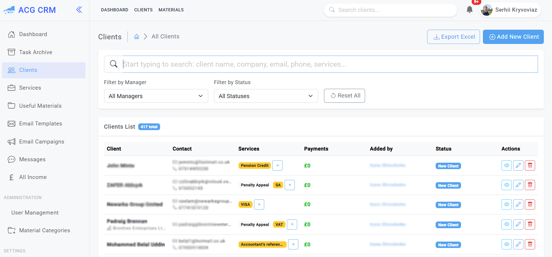 CRM client management dashboard for accountants and accounting firms
