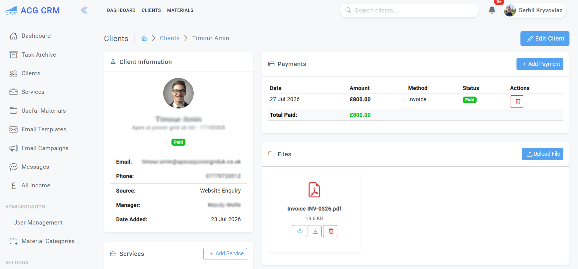 Custom bookkeeping CRM client profile with payments services and document management
