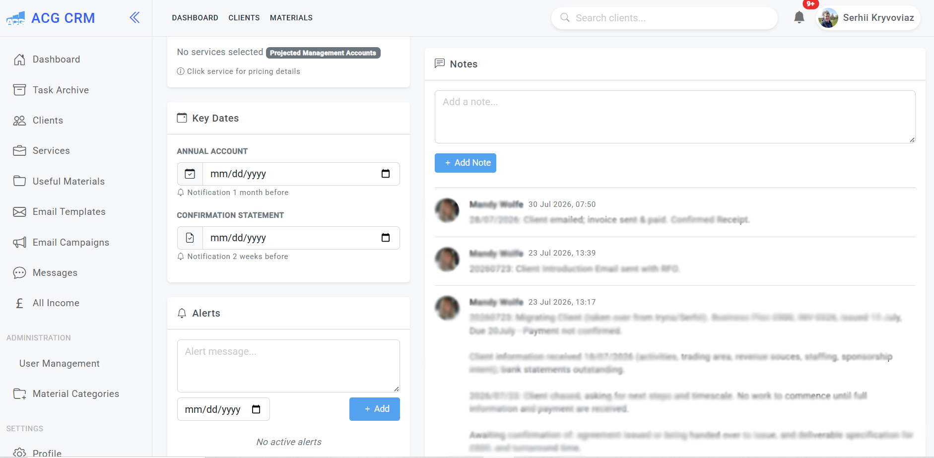 CRM client notes key dates reminders and alerts for bookkeeping firms