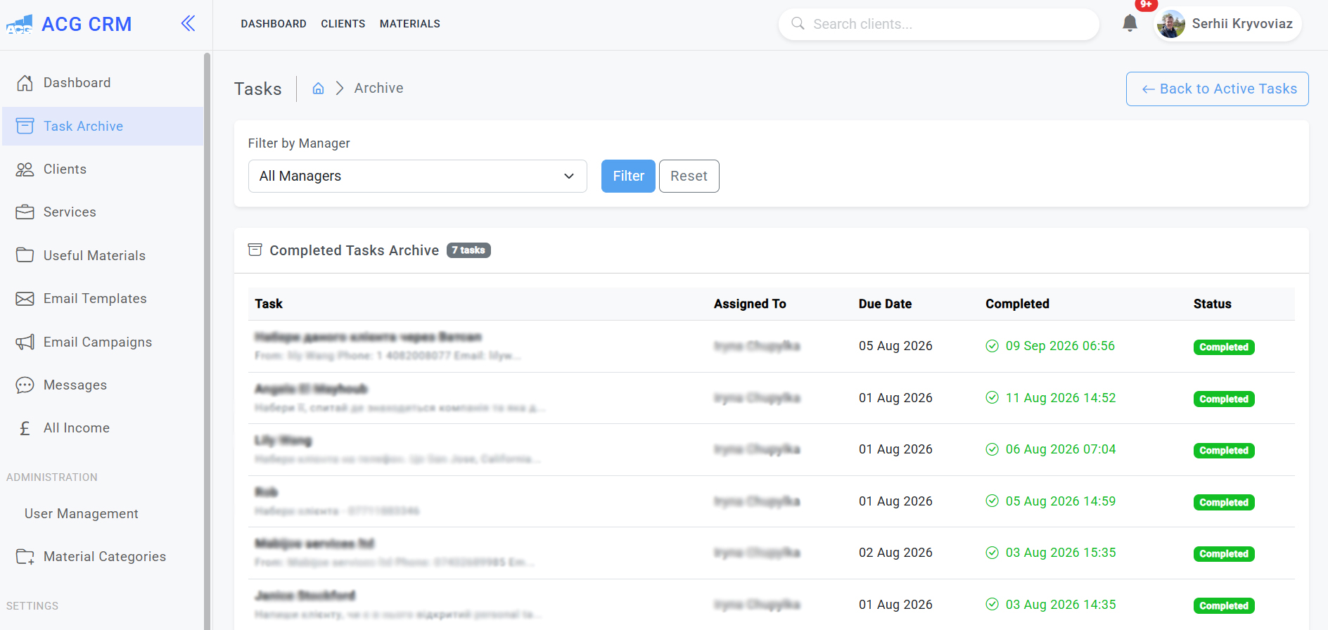 Custom CRM task management and completed tasks archive for bookkeeping teams
