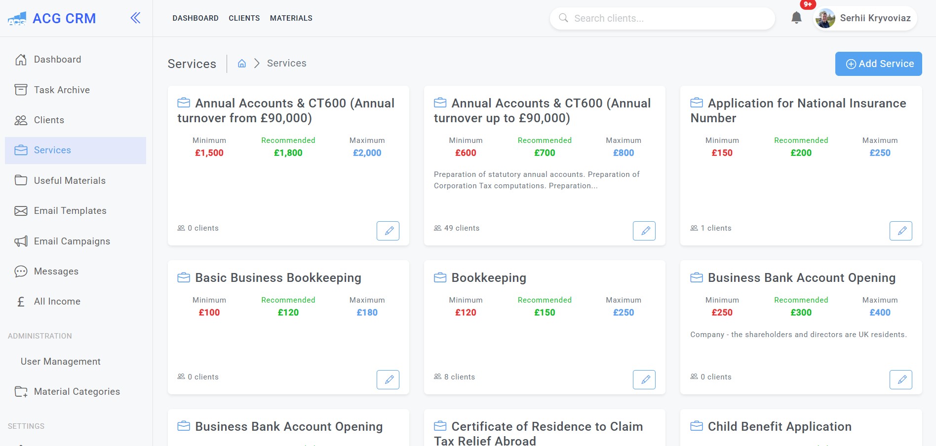 Custom accounting CRM services and pricing management dashboard