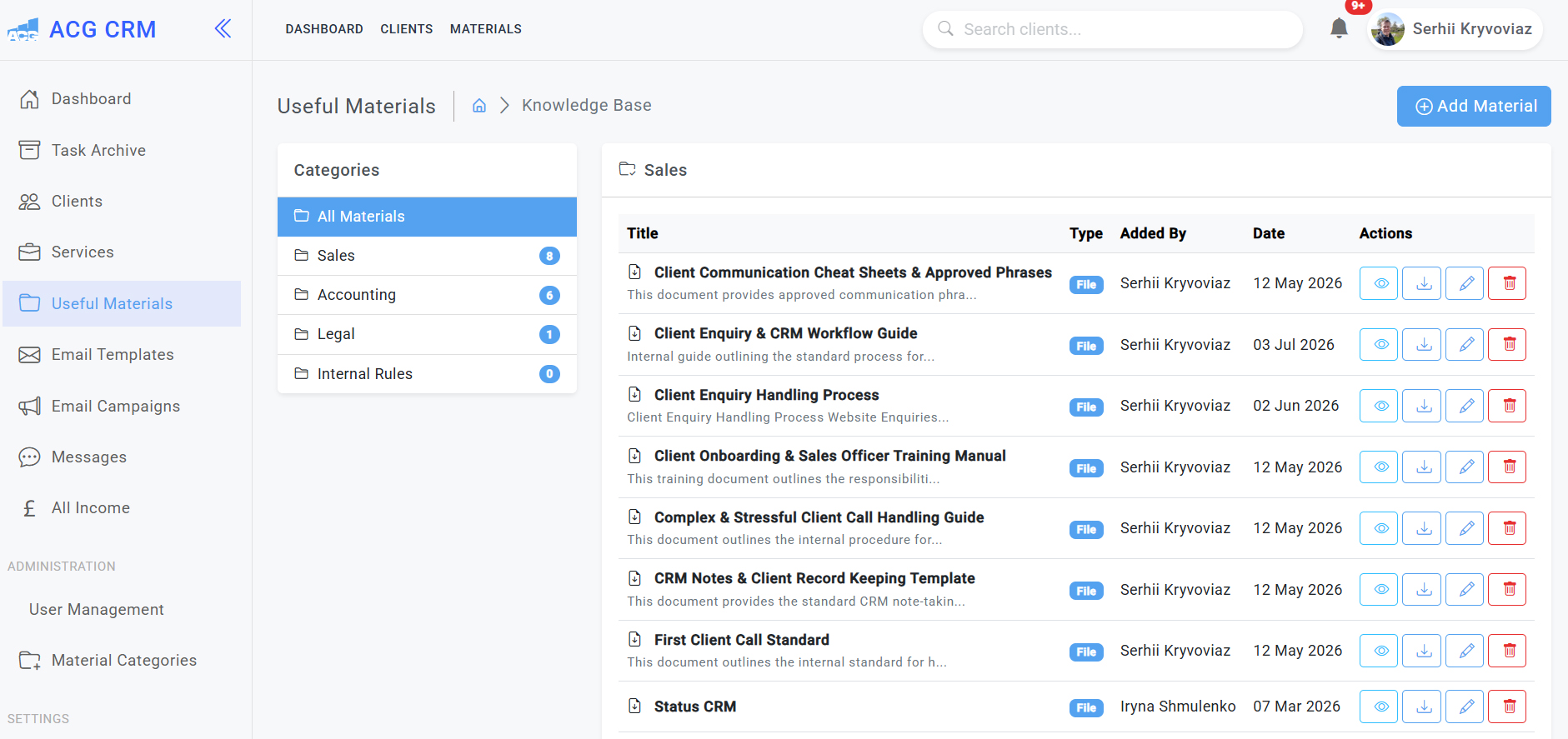 Accounting firm CRM knowledge base and internal document management system