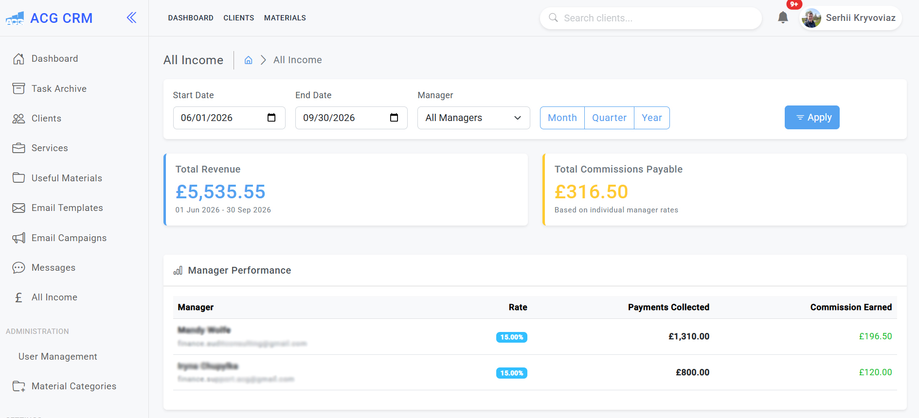 Custom CRM revenue and manager commission dashboard for accounting firms