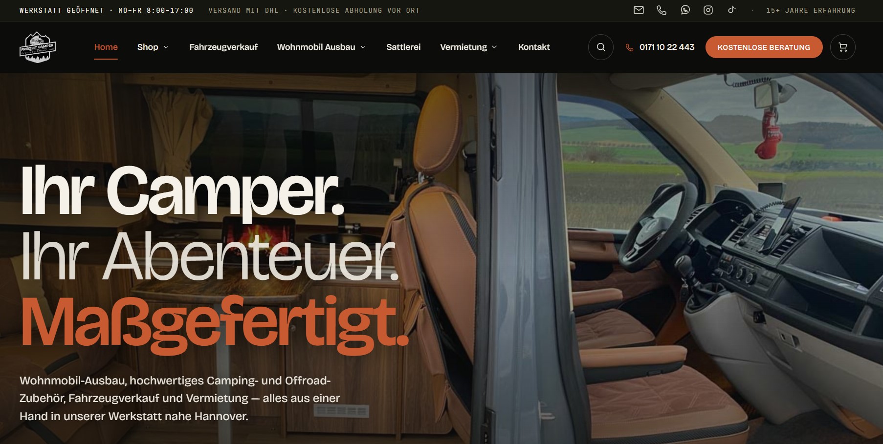 Freizeit Camper website interface showing customer-facing navigation and service information.