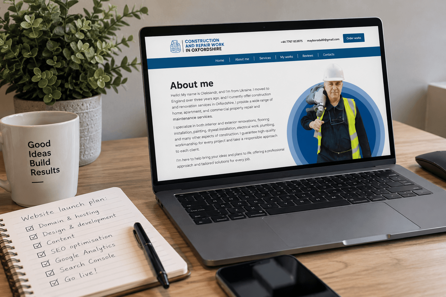 Construction and Repair Work website displaying service information and contact navigation.