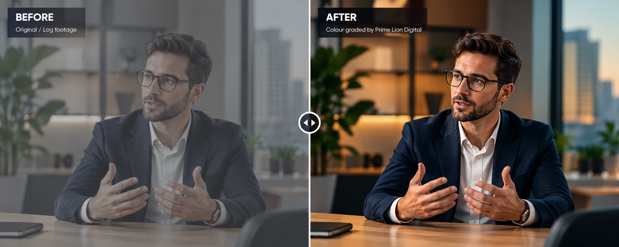 Before and after colour grading comparison of the same video frame