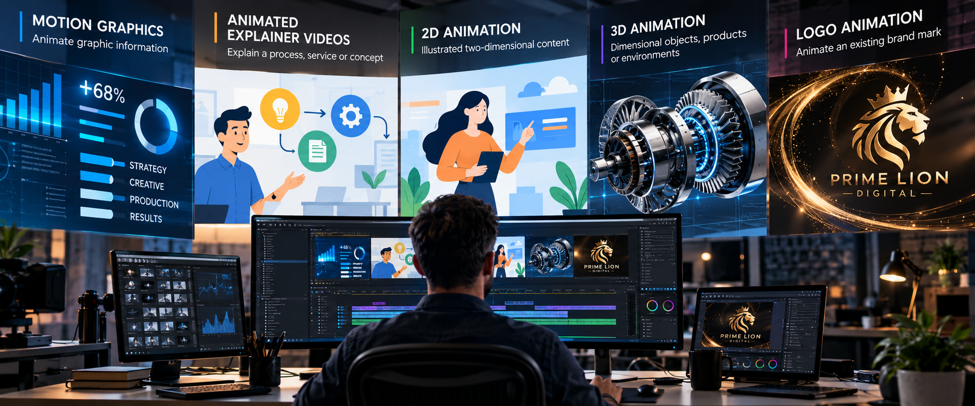 Business motion graphics and animation showing graphic, 2D, 3D, explainer and logo animation approaches