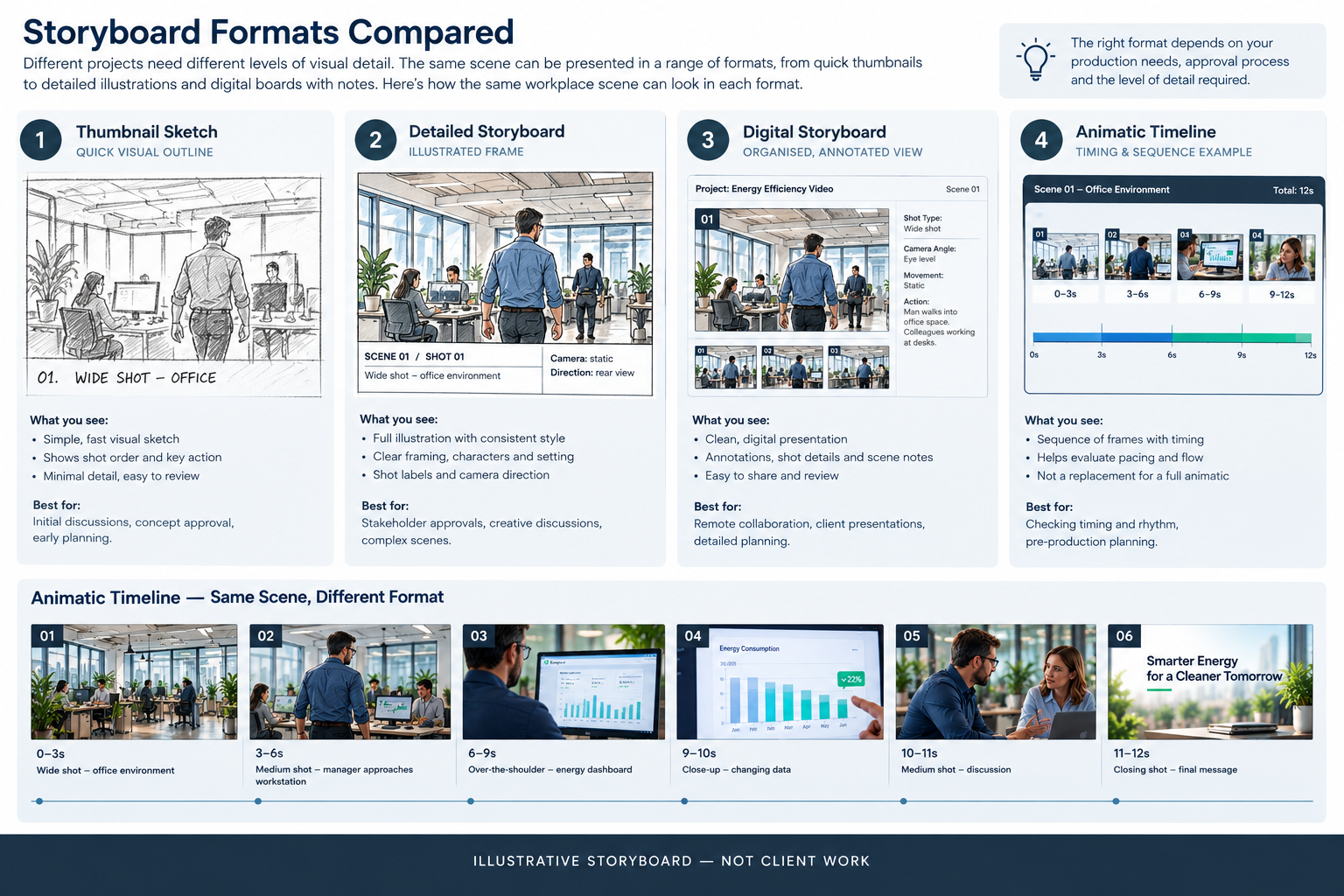 Comparison of thumbnail, detailed and digital storyboard presentations with a separate animatic timing example