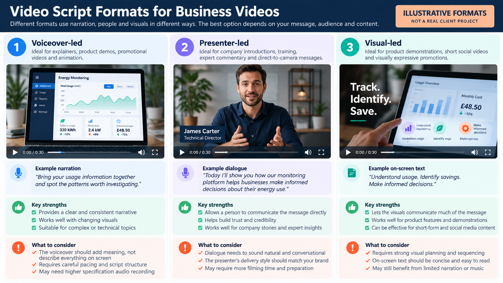 Comparison of voiceover-led, presenter-led and visual-led business video scripts.