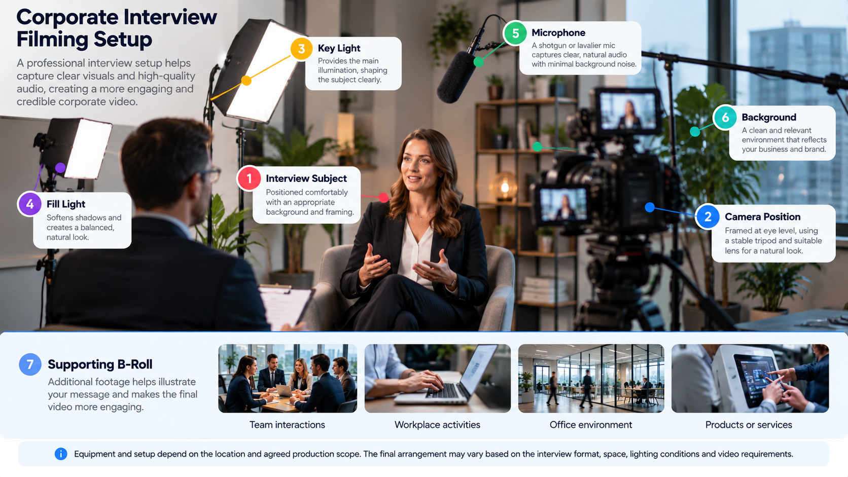 Corporate interview filming setup showing subject positioning, camera, lighting, microphone and supporting footage planning.