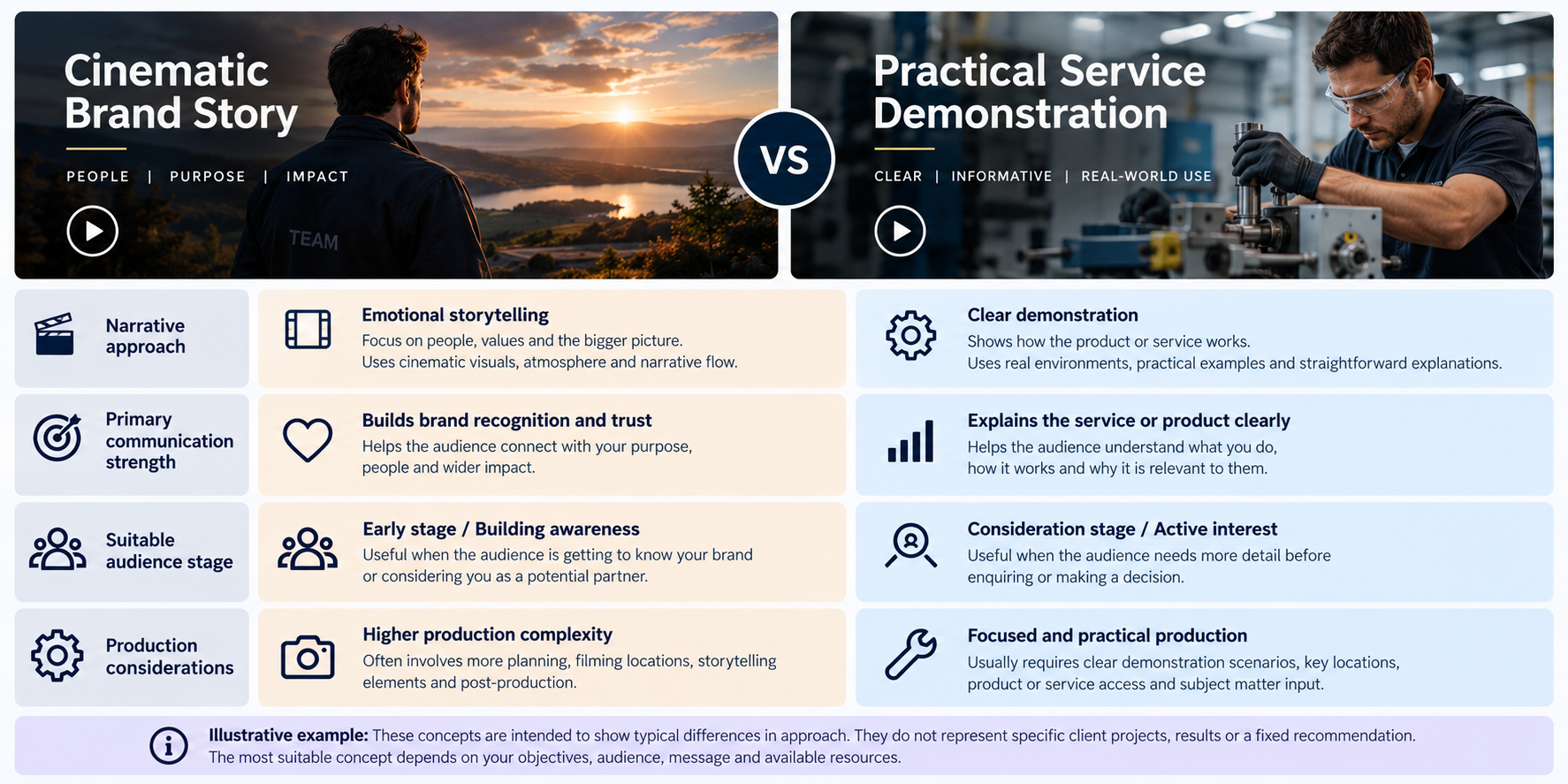 Illustrative comparison of a cinematic brand video concept and a practical B2B service demonstration