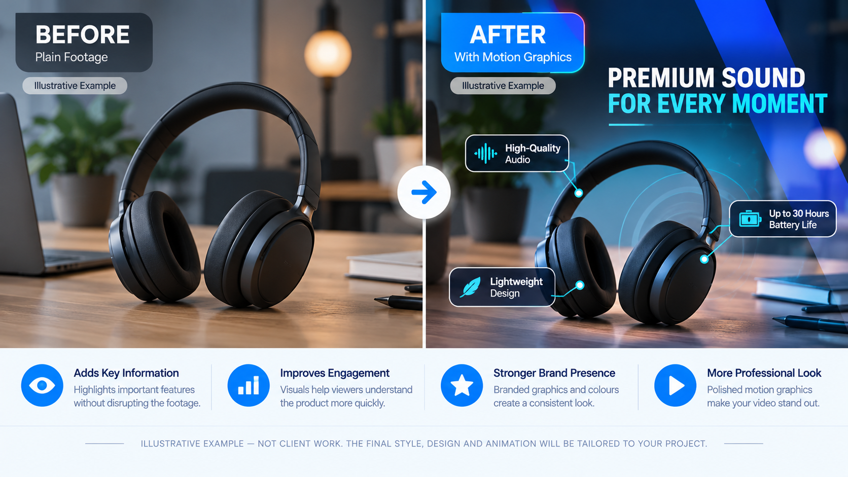 Illustrative comparison of plain product footage and footage enhanced with animated labels and motion graphics