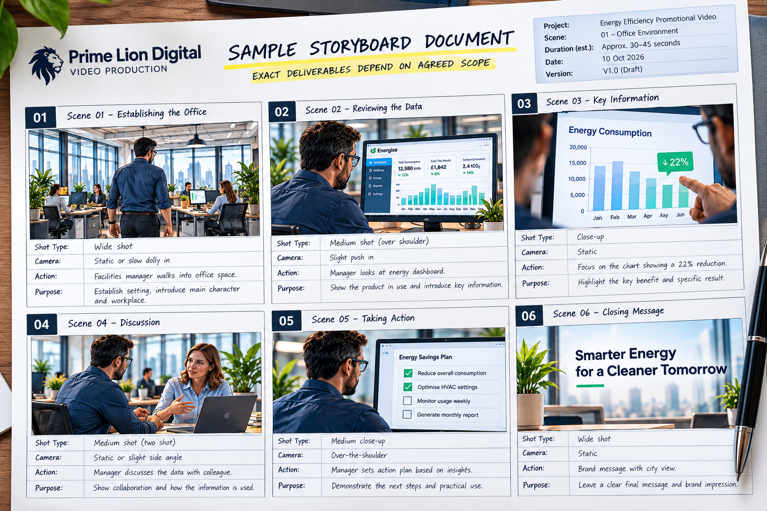 Illustrative storyboard document with numbered visual frames, scene descriptions and camera notes
