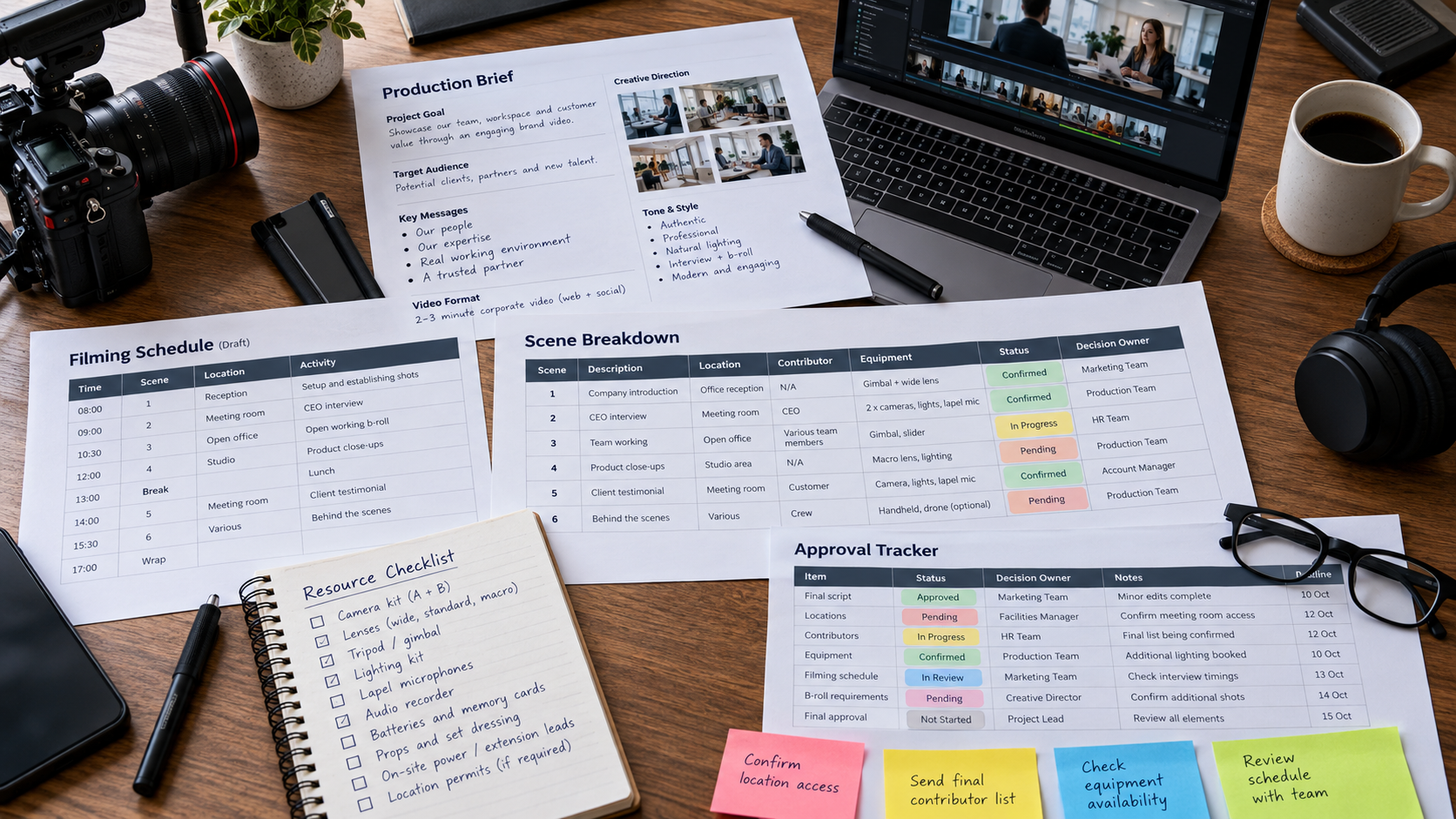 Illustrative video production planning documents showing a filming schedule, scene requirements and approval checklist