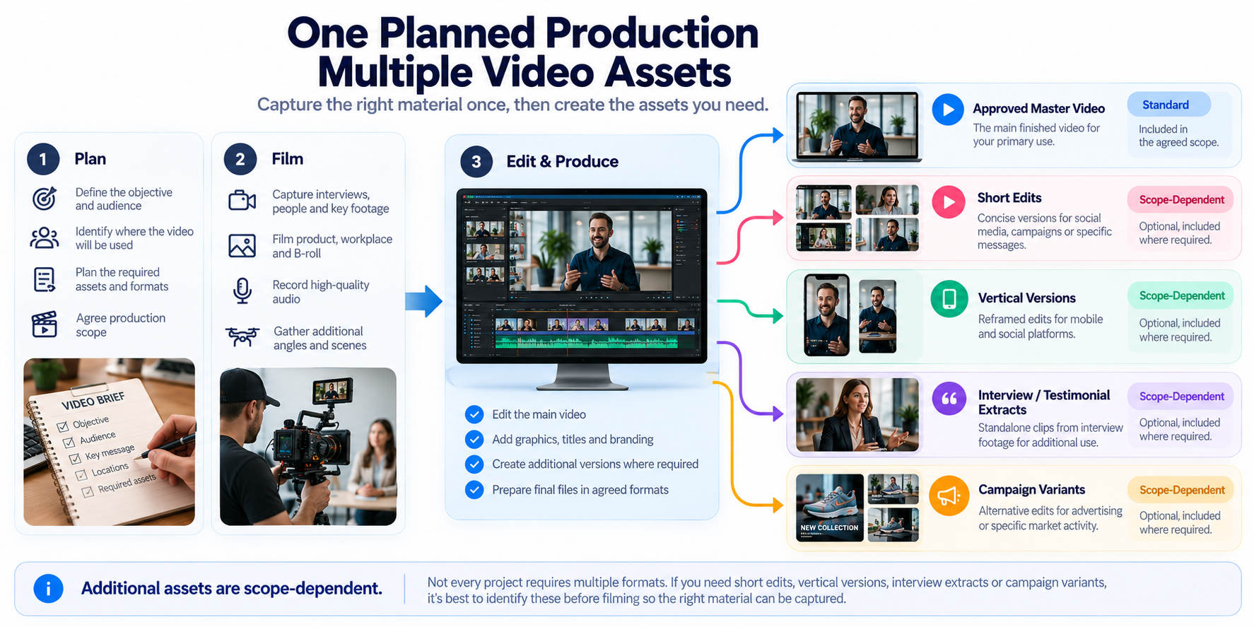 Multiple business video assets that can be planned from one production