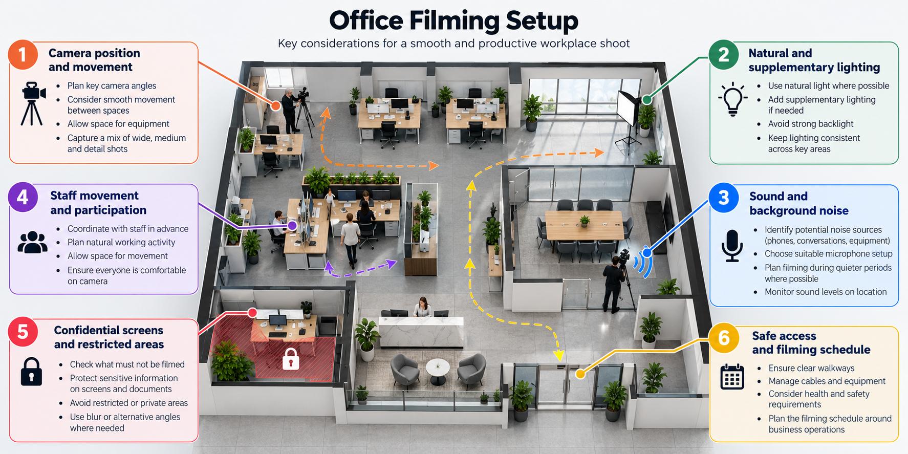 Illustrative office filming setup showing camera positions, lighting, sound, staff movement, privacy and access planning.