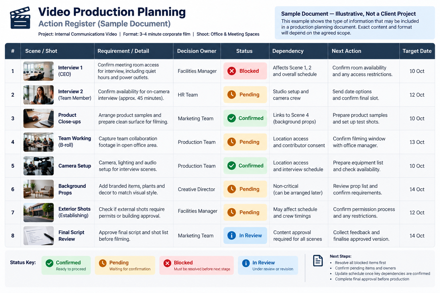 Sample production planning action register showing filming requirements, decision owners, statuses and next actions