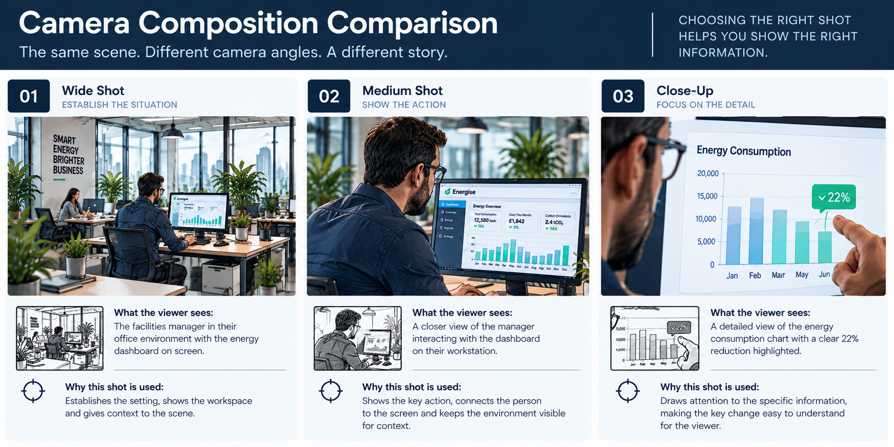 Wide, medium and close-up storyboard compositions of the same workplace scene demonstrating visual emphasis